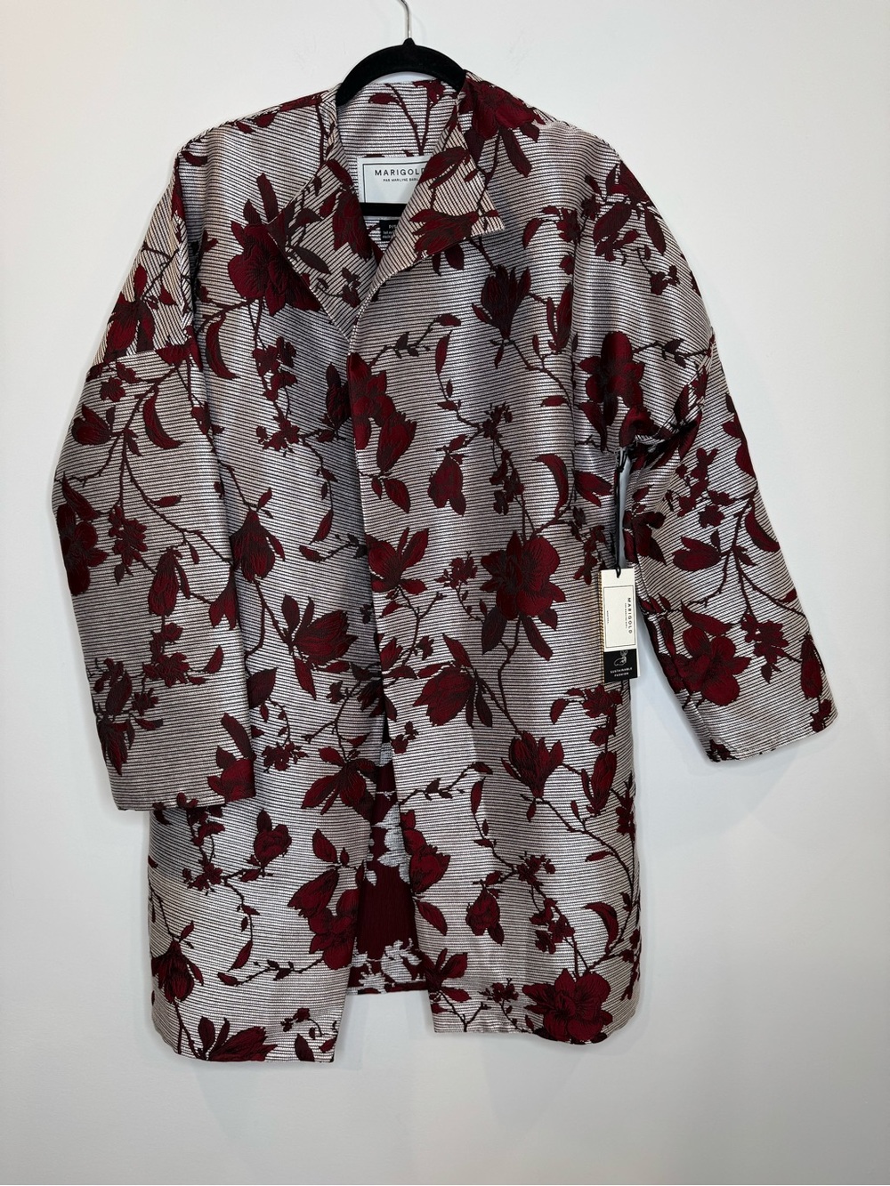 New Marigold Simone Wool Blend Floral Jacket Burgundy Cream Long Blazer Elegant